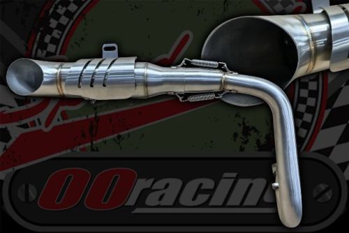 Exhaust.  Stubby high level stainless side exit