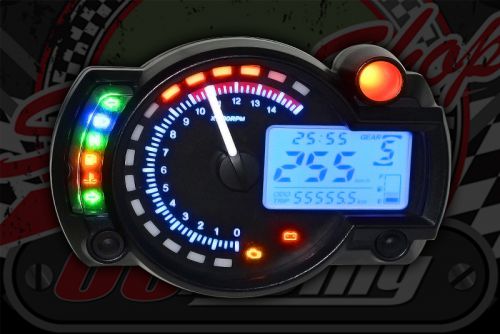 Speedo X40 MPH or KPH, rev counter, warning lights, clock, shift light, gear position indicator, Fuel gauge.